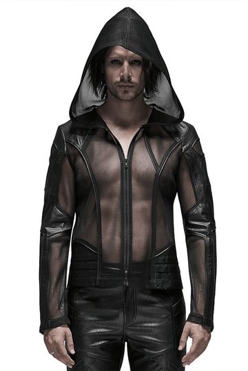 Gothic-Inspired Urban Leather Mesh Zip-Up Hoodie for Men